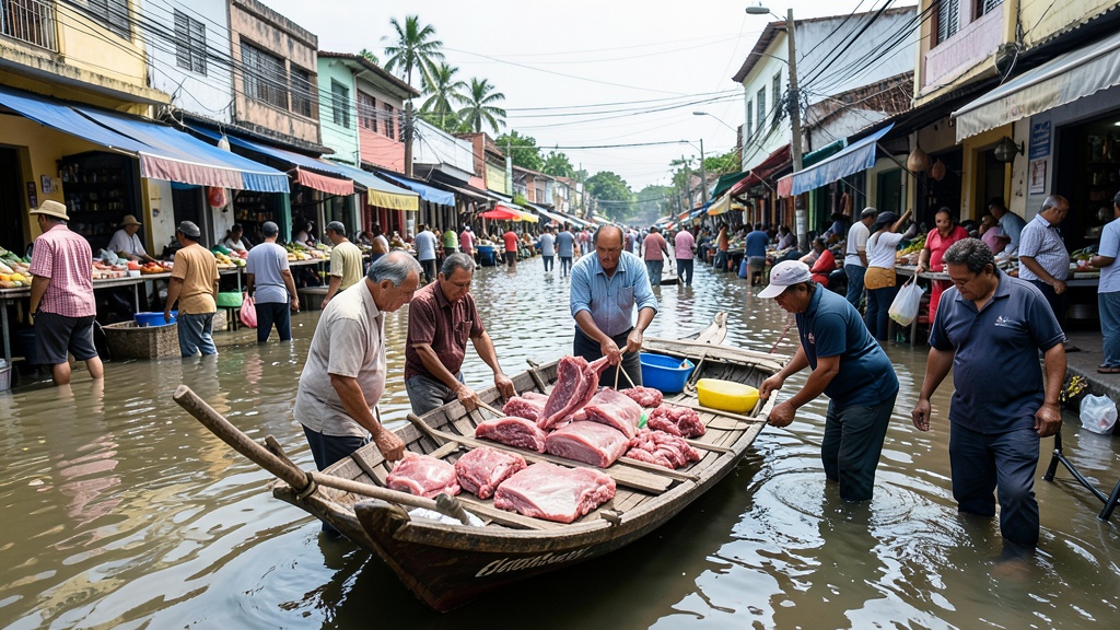 Comerciante de Milagro vende carne en bote improvisado por anegaciones