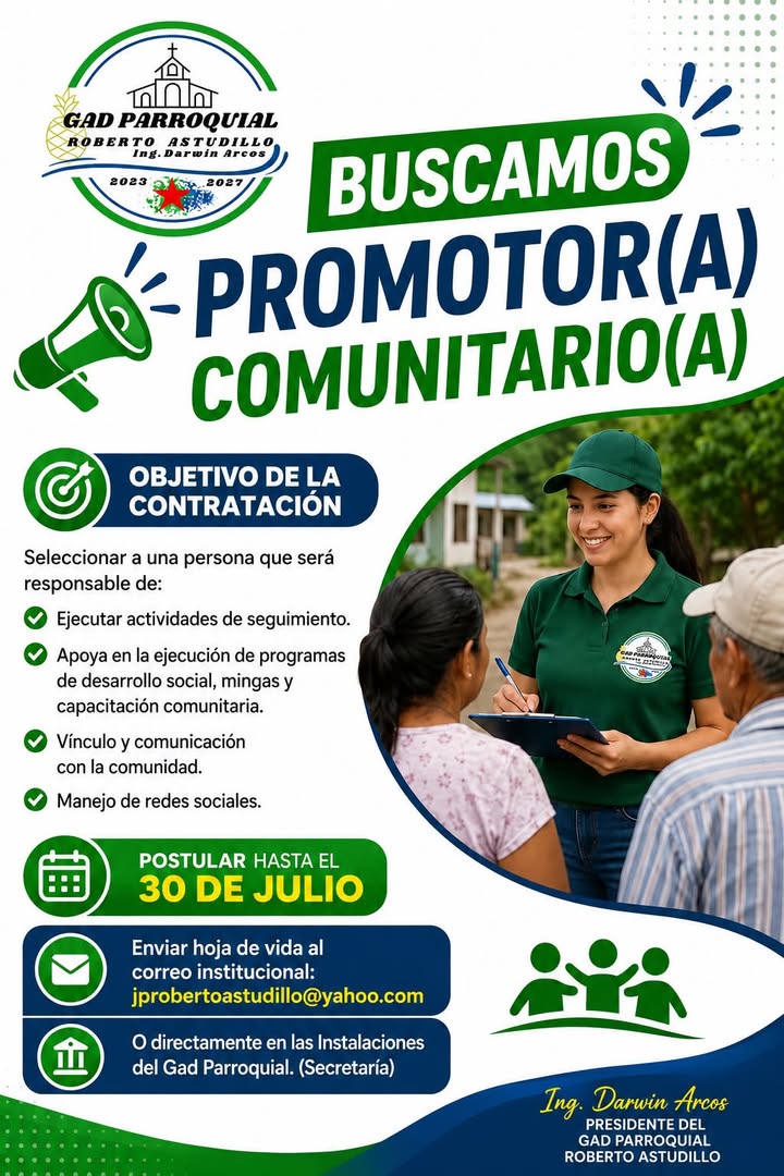 GAD Roberto Astudillo abre convocatoria para Promotor(a) Comunitario en Milagro