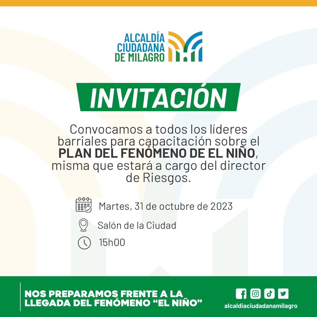 Alcaldía de Milagro convoca a líderes barriales para capacitación contra El Niño