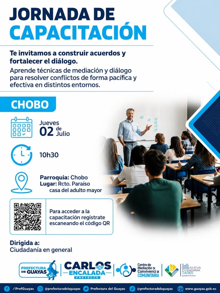 Prefectura del Guayas dictará jornada de mediación comunitaria en Chobo el 2 de julio