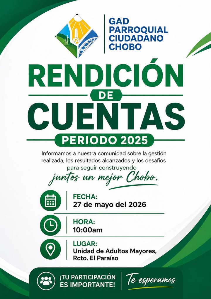 GAD Chobo invita a la ciudadanía a la Rendición de Cuentas 2025 el 27 de mayo